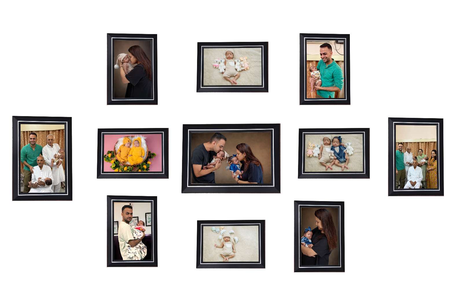 Newborn twins and baby portrait frames with parents and family