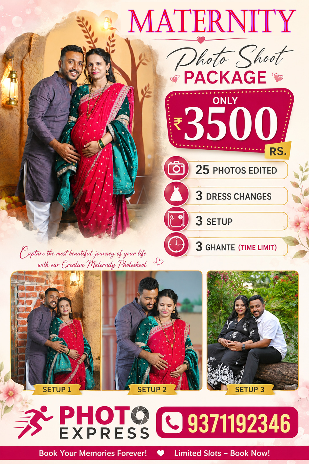 Photo Express Maternity Photoshoot Package poster offering 25 edited photos, three dress changes, three setups and three hours for 3500 rupees