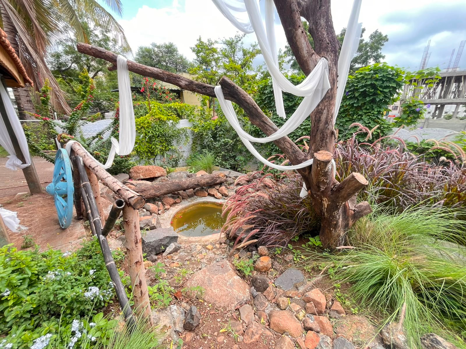 Rustic outdoor studio corner with a small pond, wooden bridge, draped tree and lush plants