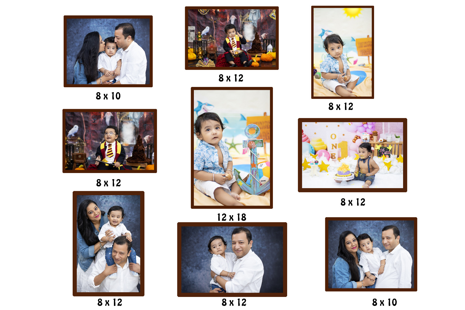 Creative baby portrait collage with Harry Potter, nautical and cake smash themes