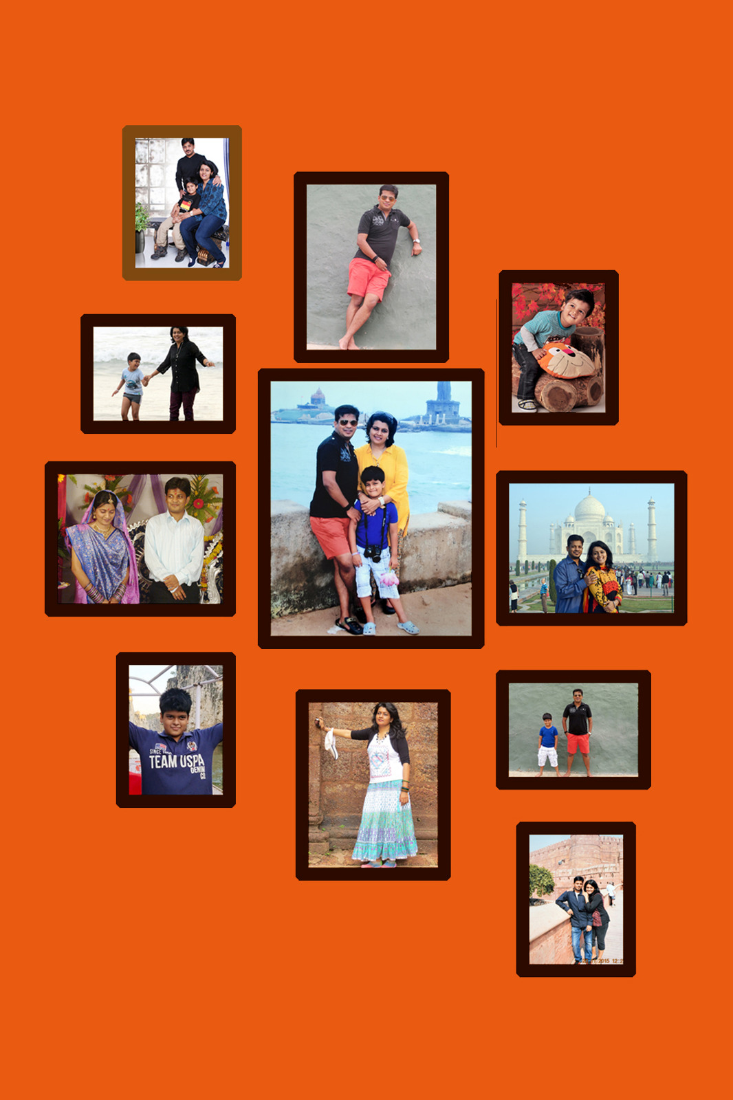 Orange family memory collage with travel, childhood, couple and vacation photographs in dark wooden frames