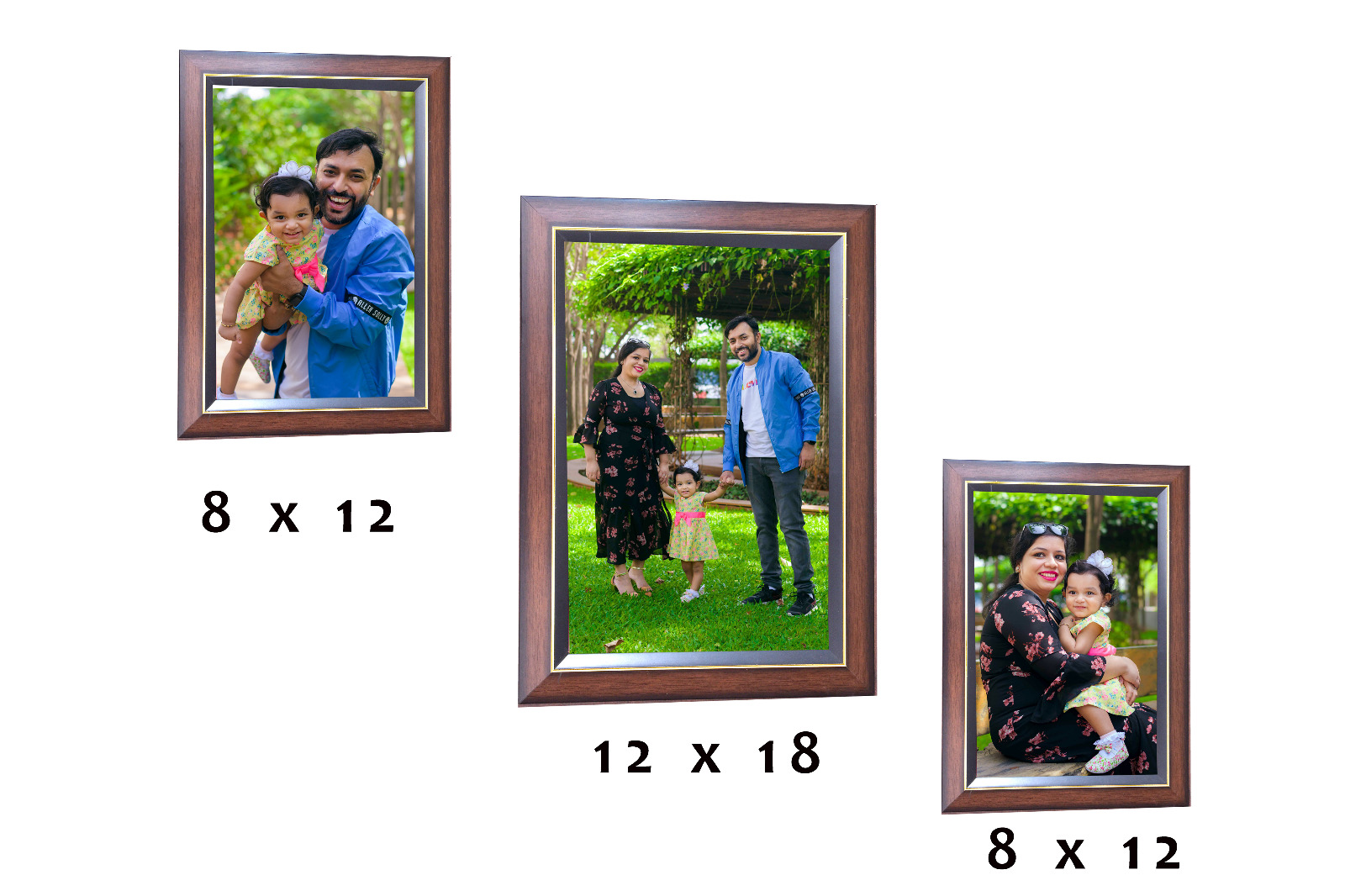 Outdoor family portraits displayed in three wooden frames in a garden